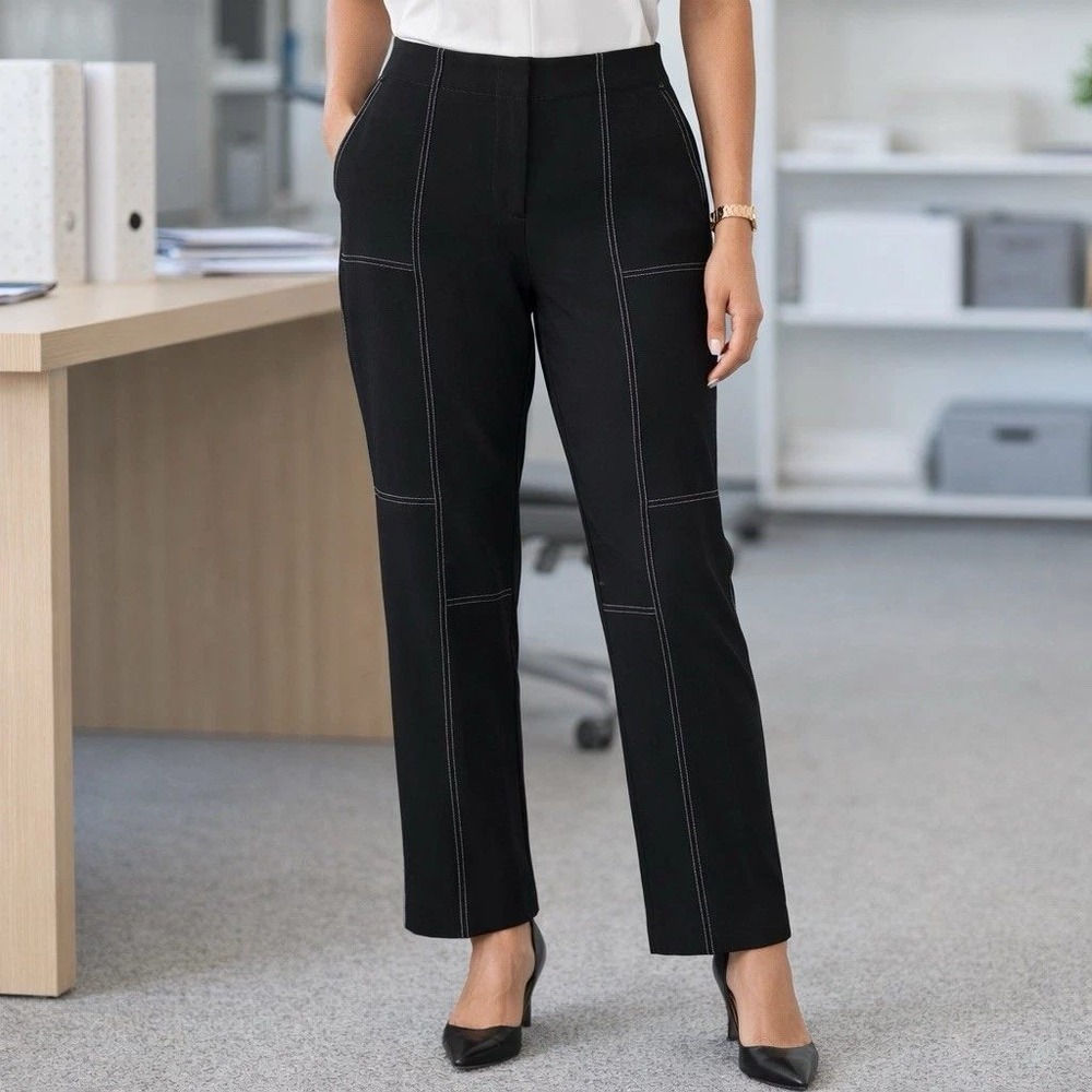 Karl Lagerfeld Pants Womens 4 Contrast Stitch Trousers Black Straight Leg Office